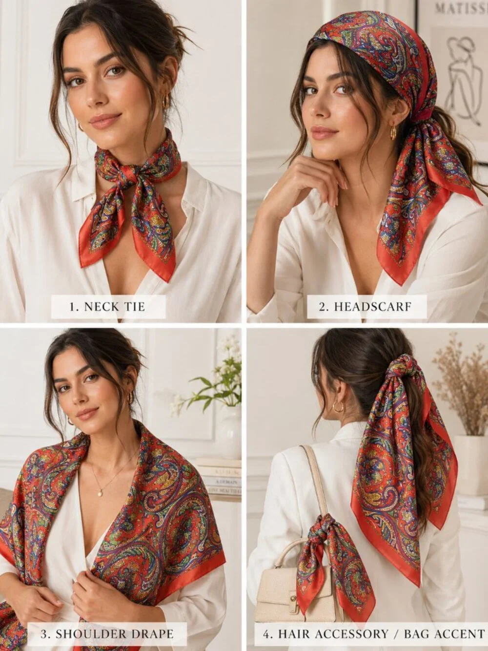 Red Satin Multicolor Paisley Scarf